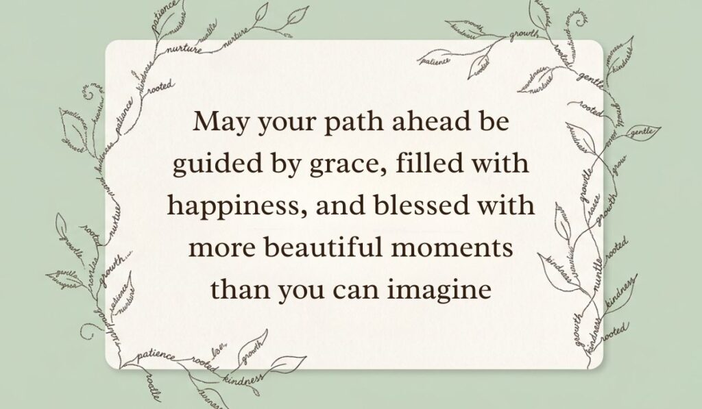 Sage green card framed by delicate botanical vine line art formed from handwritten script presenting happy birthday blessings stating, "May your path ahead be guided by grace, filled with happiness, and blessed with more beautiful moments than you can imagine"