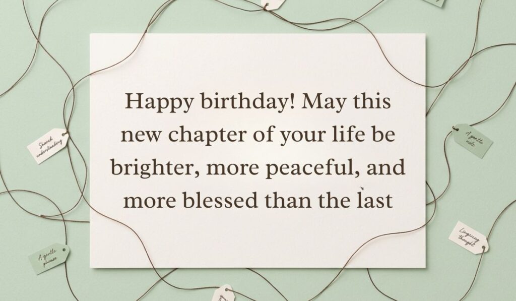 Light green surface framed by interconnected twine strings and small message tags featuring happy birthday blessings stating, "Happy birthday! May this new chapter of your life be brighter, more peaceful, and more blessed than the last"