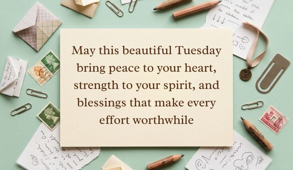 Sage green vintage desk layout with paperclips, postage stamps, envelopes, and pencils displaying happy tuesday blessings reading, "May this beautiful Tuesday bring peace to your heart, strength to your spirit, and blessings that make every effort worthwhile"