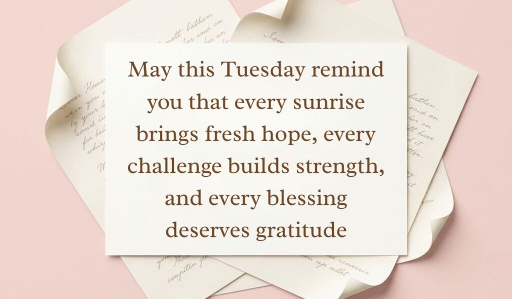Soft pink backdrop framed with layered vintage handwritten paper showcasing happy tuesday blessings reading, "May this Tuesday remind you that every sunrise brings fresh hope, every challenge builds strength, and every blessing deserves gratitude"