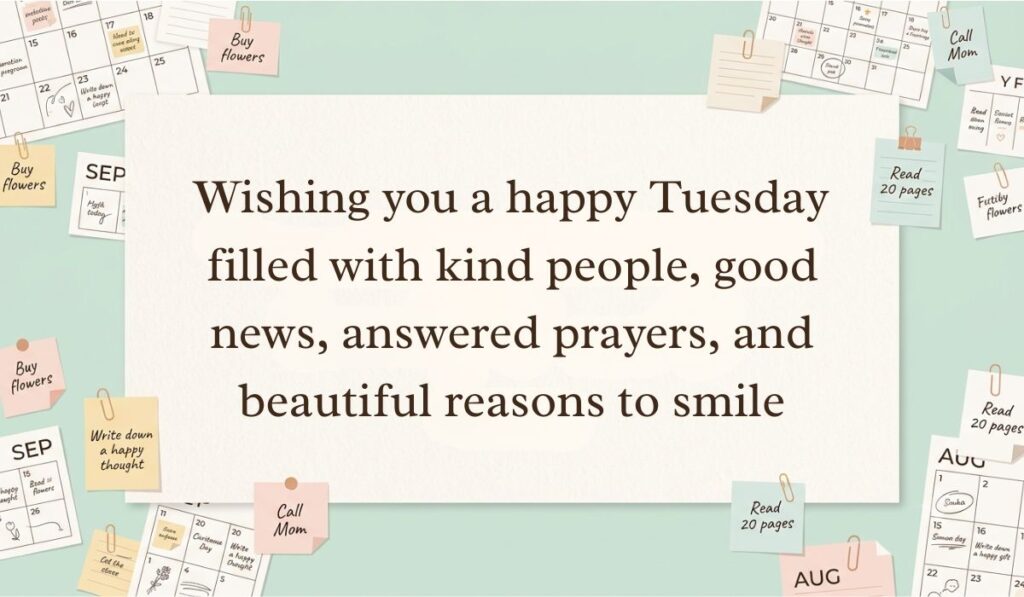 Neutral workspace setting surrounded by calendar pages, paperclips, and sticky note reminders featuring happy tuesday blessings stating, "Wishing you a happy Tuesday filled with kind people, good news, answered prayers, and beautiful reasons to smile"