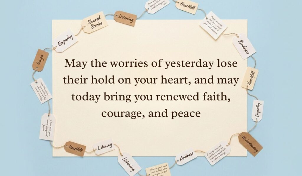 Soft blue background surrounded by a ring of string-bound message tags displaying happy tuesday blessings reading, "May the worries of yesterday lose their hold on your heart, and may today bring you renewed faith, courage, and peace"