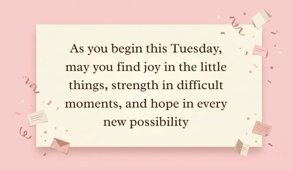 Soft pink background decorated with festive paper confetti, mini envelopes, and stars showcasing happy tuesday blessings reading, "As you begin this Tuesday, may you find joy in the little things, strength in difficult moments, and hope in every new possibility"