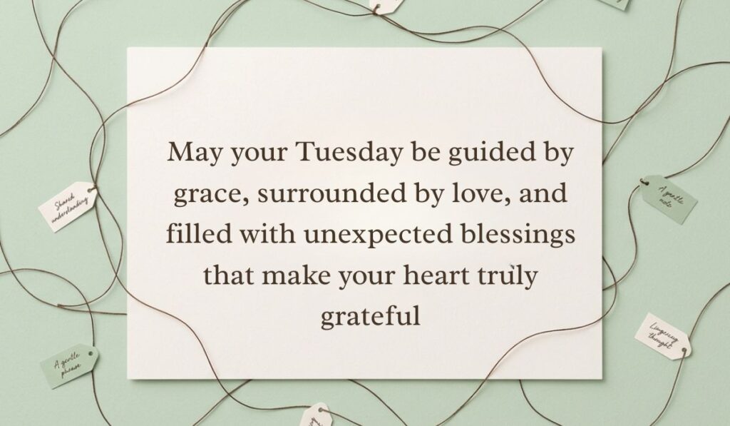 Light green surface framed by interconnected twine strings and small message tags featuring happy tuesday blessings stating, "May your Tuesday be guided by grace, surrounded by love, and filled with unexpected blessings that make your heart truly grateful"