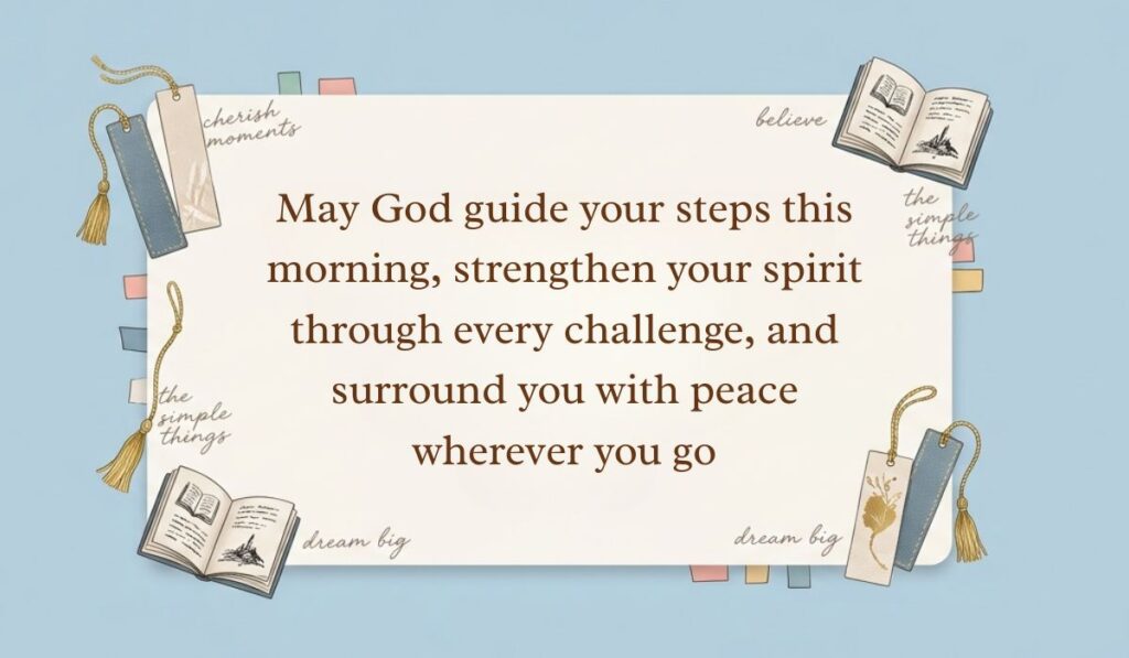 Light blue background decorated with open books, tasseled bookmarks, and sticky notes presenting monday blessings stating, "May God guide your steps this morning, strengthen your spirit through every challenge, and surround you with peace wherever you go"