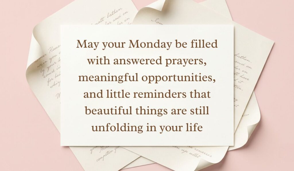 Soft pink backdrop framed with layered vintage handwritten paper showcasing monday blessings reading, "May your Monday be filled with answered prayers, meaningful opportunities, and little reminders that beautiful things are still unfolding in your life"