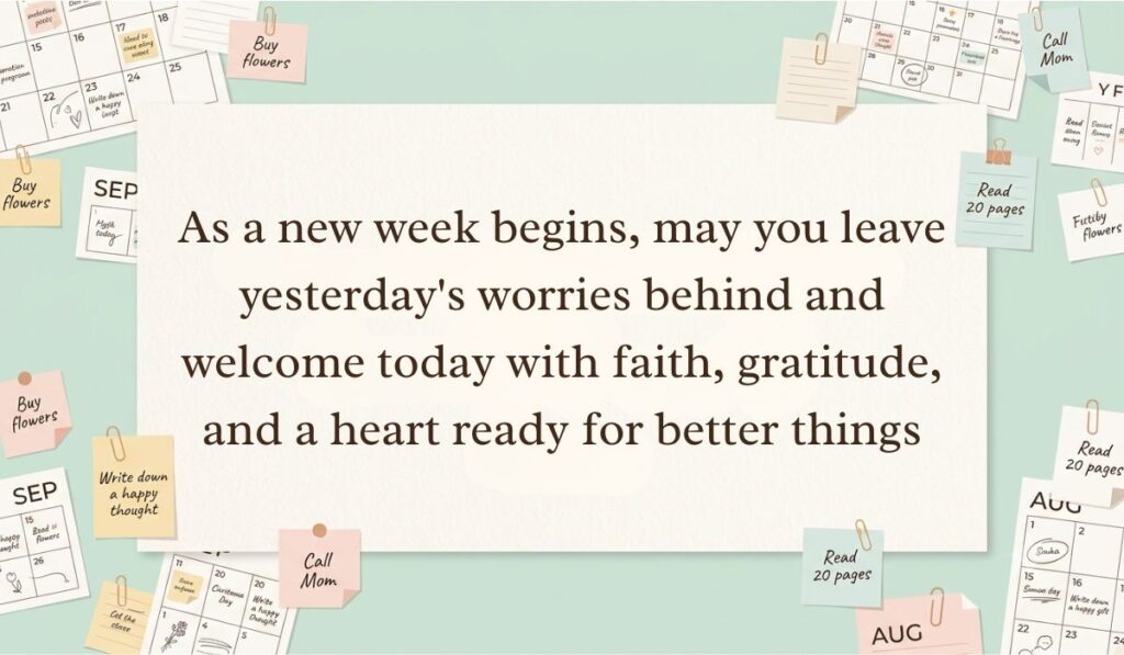 Neutral workspace setting surrounded by calendar pages, paperclips, and sticky note reminders featuring monday blessings stating, "As a new week begins, may you leave yesterday's worries behind and welcome today with faith, gratitude, and a heart ready for better things"
