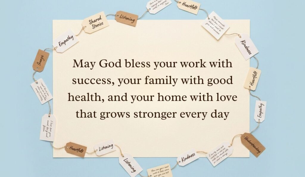 Soft blue background surrounded by a ring of string-bound message tags displaying monday blessings reading, "May God bless your work with success, your family with good health, and your home with love that grows stronger every day"