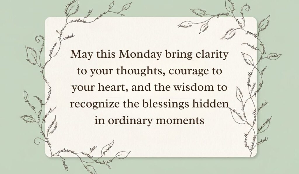 Sage green card framed by delicate botanical vine line art formed from handwritten script presenting monday blessings stating, "May this Monday bring clarity to your thoughts, courage to your heart, and the wisdom to recognize the blessings hidden in ordinary moments"