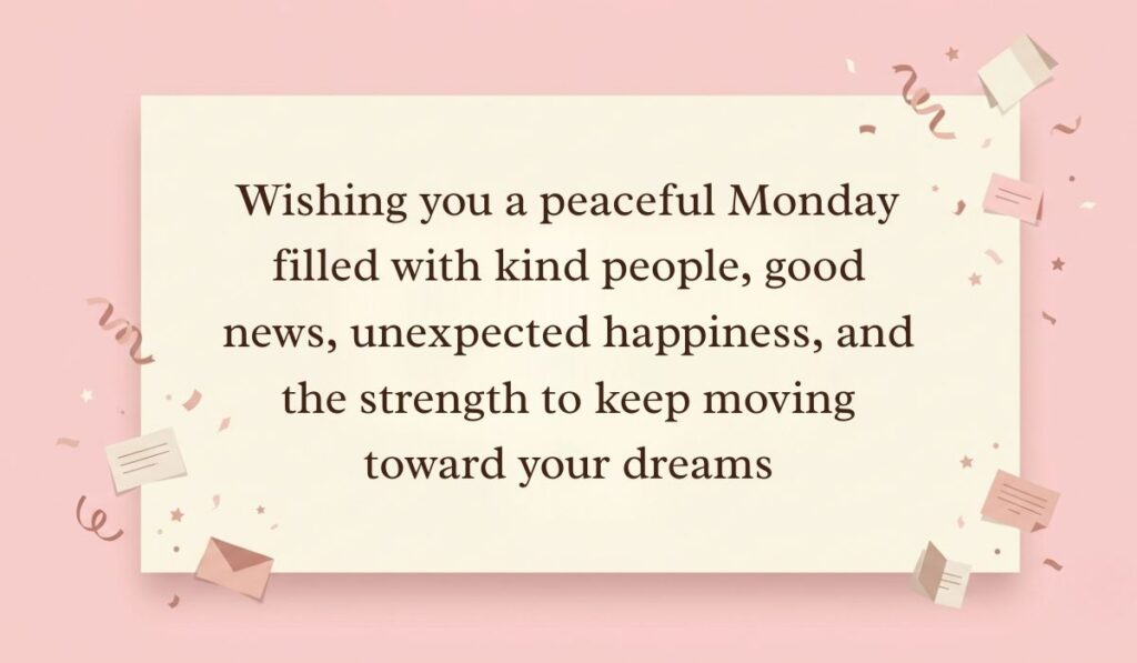 Soft pink background decorated with festive paper confetti, mini envelopes, and stars showcasing monday blessings reading, "Wishing you a peaceful Monday filled with kind people, good news, unexpected happiness, and the strength to keep moving toward your dreams"