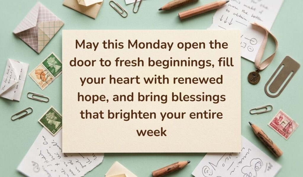 Sage green vintage desk layout with paperclips, postage stamps, envelopes, and pencils displaying national sons day wishes reading, "May this Monday open the door to fresh beginnings, fill your heart with renewed hope, and bring blessings that brighten your entire week"