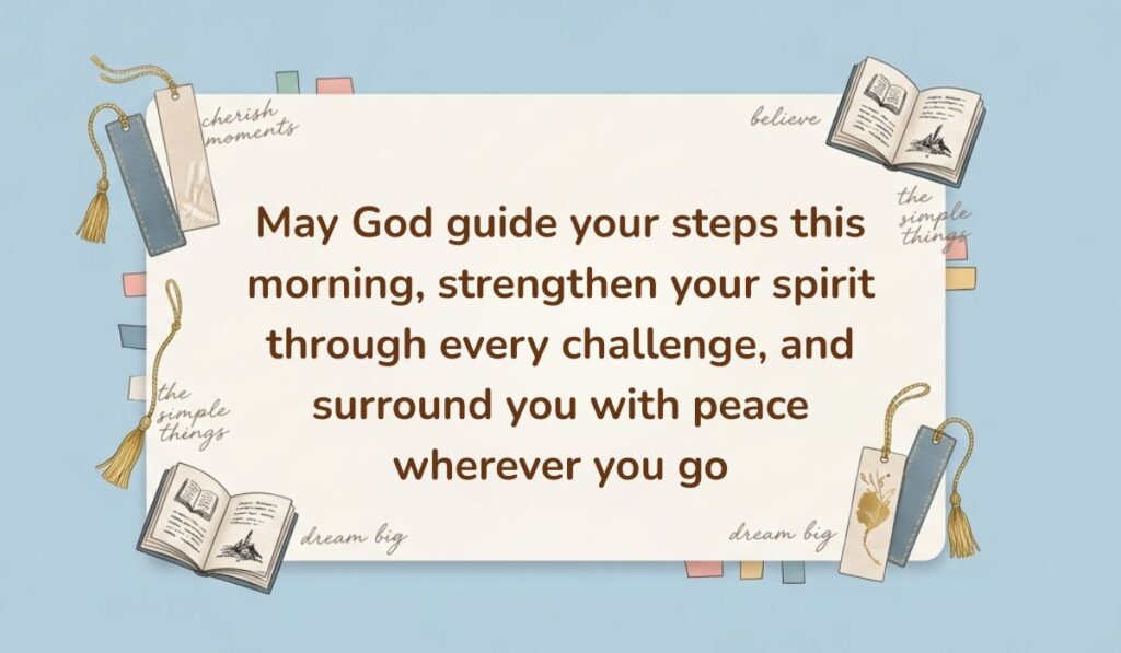Light blue background decorated with open books, tasseled bookmarks, and sticky notes presenting national sons day wishes stating, "May God guide your steps this morning, strengthen your spirit through every challenge, and surround you with peace wherever you go"