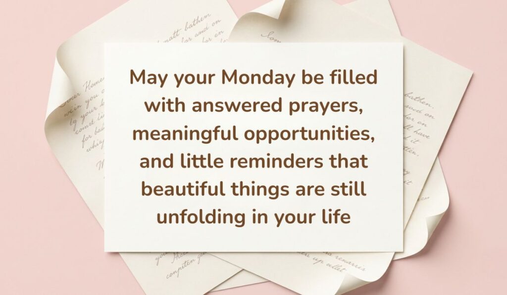 Soft pink backdrop framed with layered vintage handwritten paper showcasing national sons day wishes reading, "May your Monday be filled with answered prayers, meaningful opportunities, and little reminders that beautiful things are still unfolding in your life"