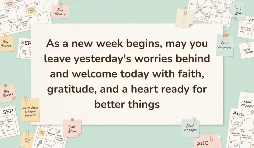 Neutral workspace setting surrounded by calendar pages, paperclips, and sticky note reminders featuring national sons day wishes stating, "As a new week begins, may you leave yesterday's worries behind and welcome today with faith, gratitude, and a heart ready for better things"