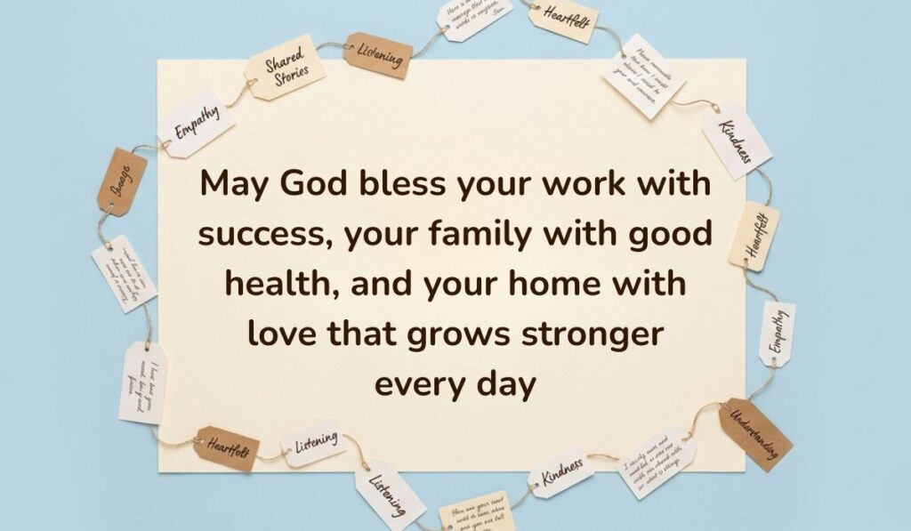 Soft blue background surrounded by a ring of string-bound message tags displaying national sons day wishes reading, "May God bless your work with success, your family with good health, and your home with love that grows stronger every day"