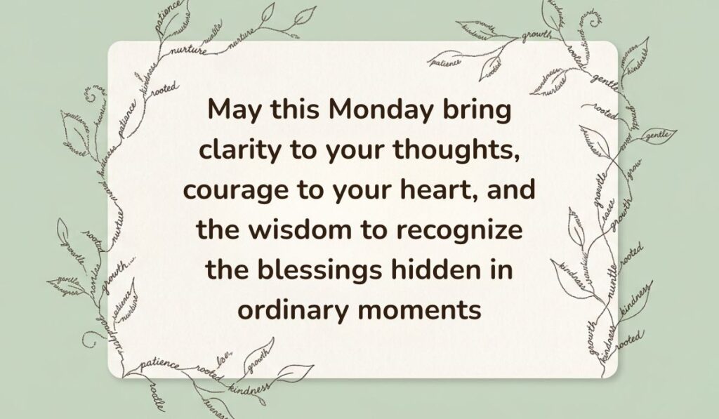 Sage green card framed by delicate botanical vine line art formed from handwritten script presenting national sons day wishes stating, "May this Monday bring clarity to your thoughts, courage to your heart, and the wisdom to recognize the blessings hidden in ordinary moments"