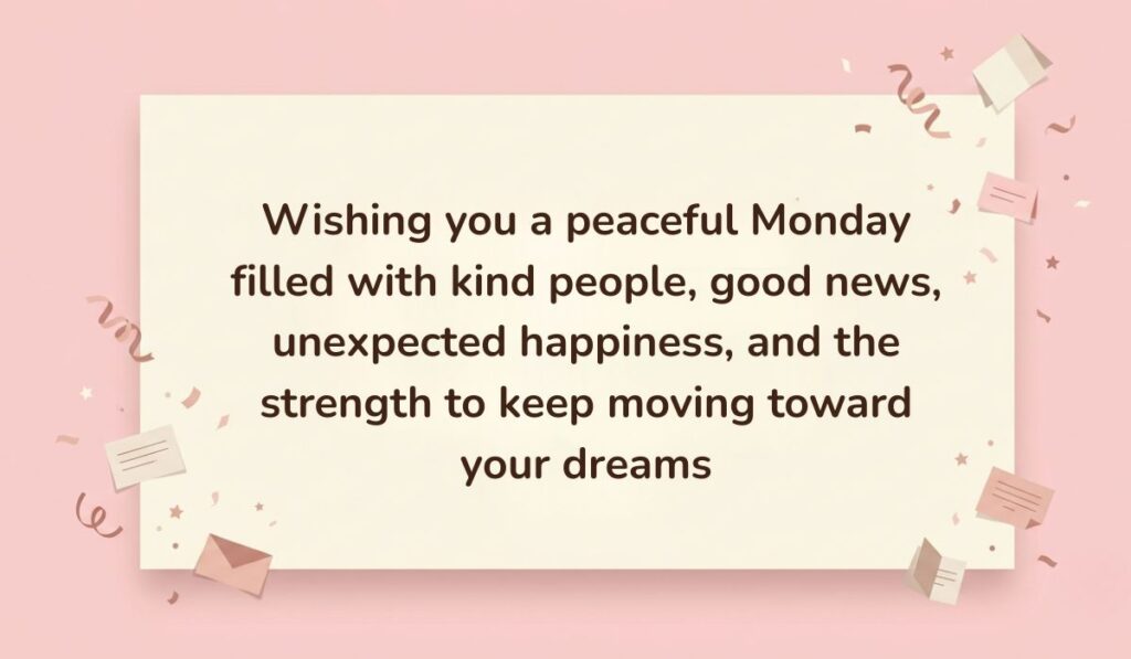 Soft pink background decorated with festive paper confetti, mini envelopes, and stars showcasing national sons day wishes reading, "Wishing you a peaceful Monday filled with kind people, good news, unexpected happiness, and the strength to keep moving toward your dreams"