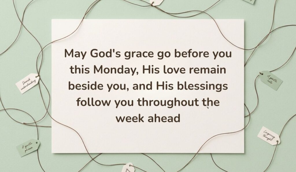 Light green surface framed by interconnected twine strings and small message tags featuring national sons day wishes stating, "May God's grace go before you this Monday, His love remain beside you, and His blessings follow you throughout the week ahead"
