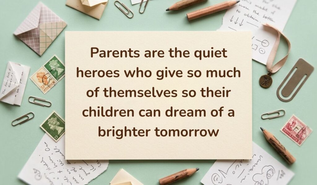 Sage green vintage desk layout with paperclips, postage stamps, envelopes, and pencils displaying parents quotes reading, "Parents are the quiet heroes who give so much of themselves so their children can dream of a brighter tomorrow"