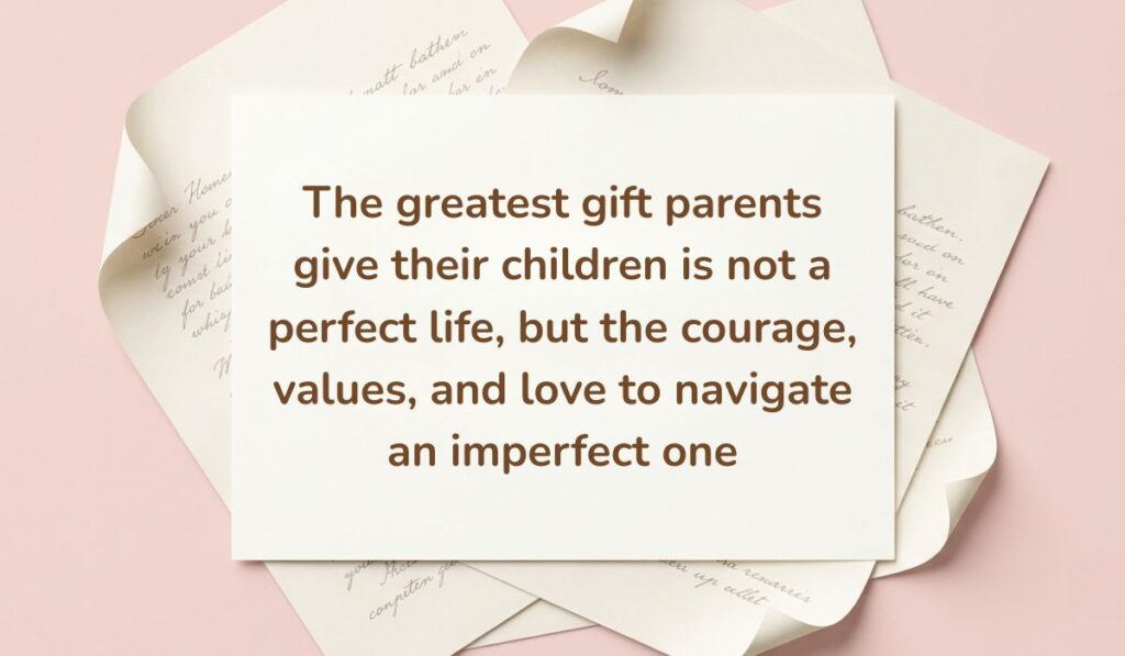 Soft pink backdrop framed with layered vintage handwritten paper showcasing parents quotes reading, "The greatest gift parents give their children is not a perfect life, but the courage, values, and love to navigate an imperfect one"