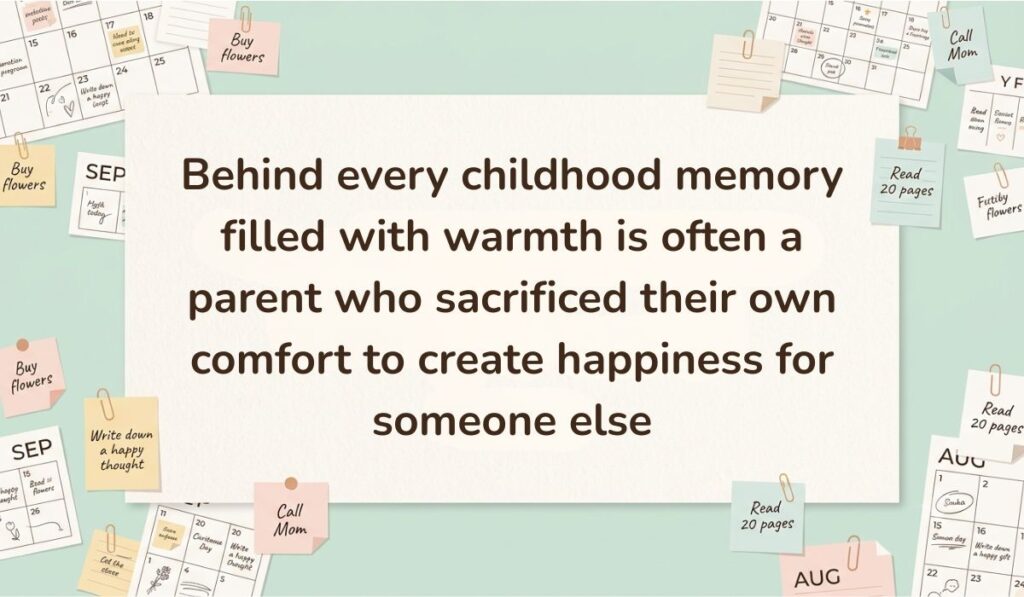 Neutral workspace setting surrounded by calendar pages, paperclips, and sticky note reminders featuring parents quotes stating, "Behind every childhood memory filled with warmth is often a parent who sacrificed their own comfort to create happiness for someone else"