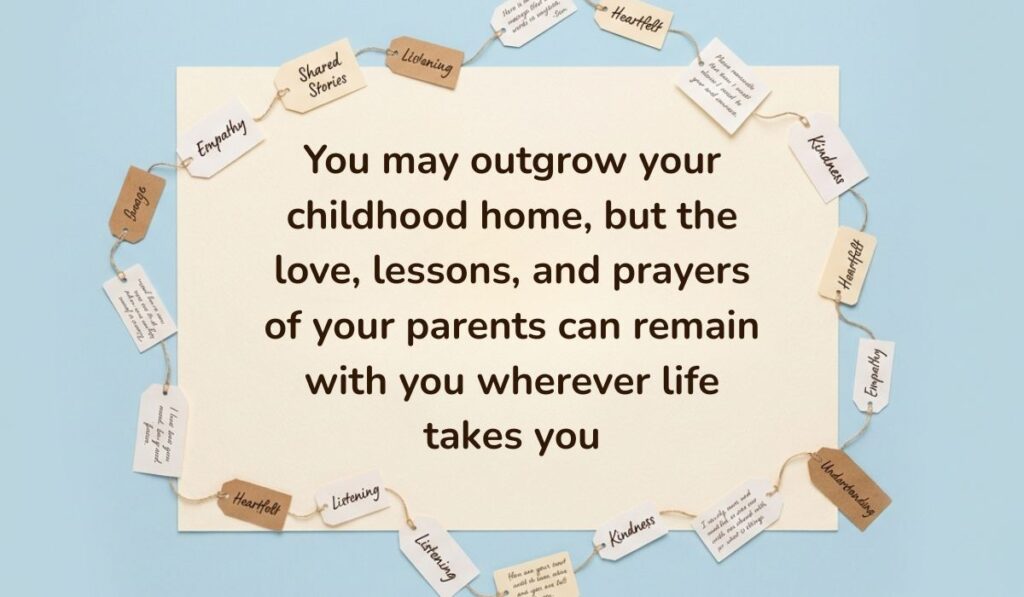 Soft blue background surrounded by a ring of string-bound message tags displaying parents quotes reading, "You may outgrow your childhood home, but the love, lessons, and prayers of your parents can remain with you wherever life takes you"