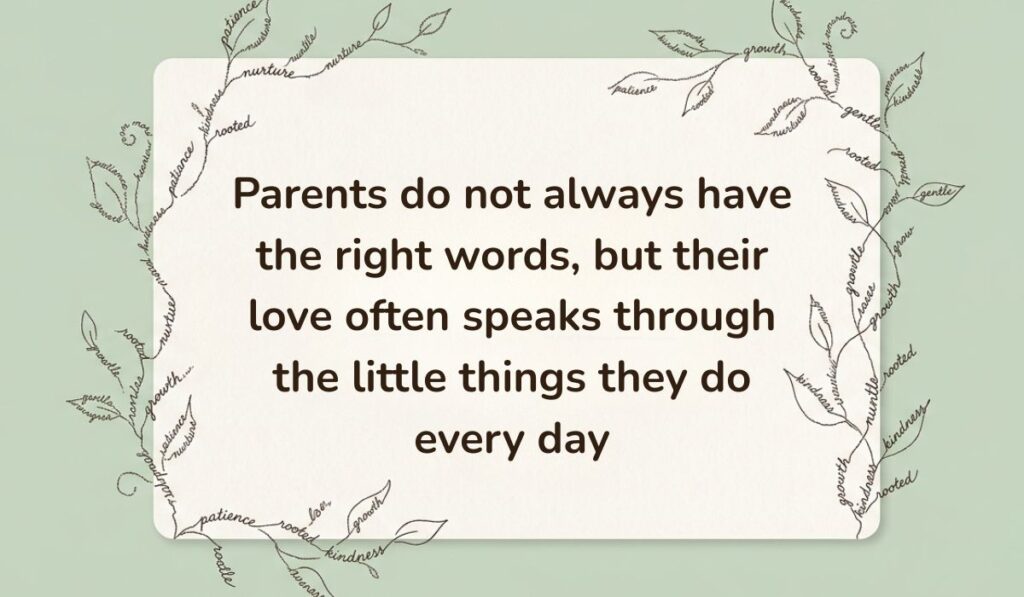 Sage green card framed by delicate botanical vine line art formed from handwritten script presenting parents quotes stating, "Parents do not always have the right words, but their love often speaks through the little things they do every day"