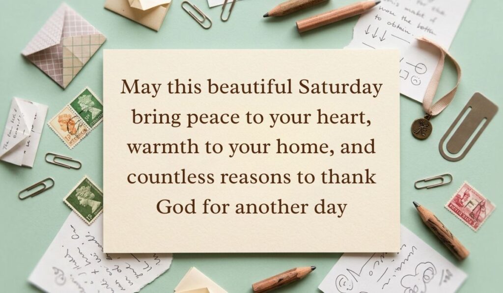 Sage green vintage desk layout with paperclips, postage stamps, envelopes, and pencils displaying saturday blessings reading, "May this beautiful Saturday bring peace to your heart, warmth to your home, and countless reasons to thank God for another day"