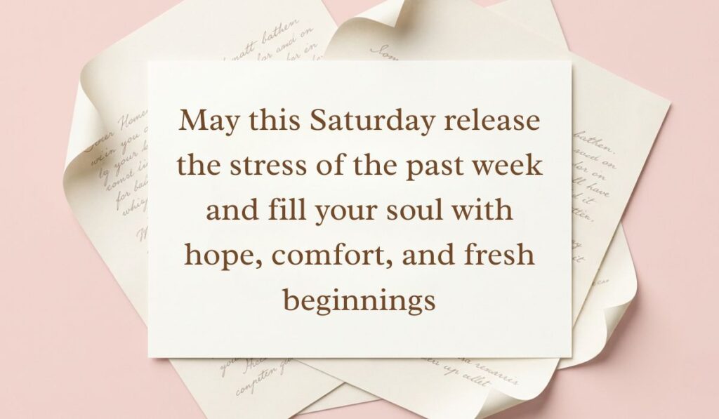 Soft pink backdrop framed with layered vintage handwritten paper showcasing saturday blessings reading, "May this Saturday release the stress of the past week and fill your soul with hope, comfort, and fresh beginnings"