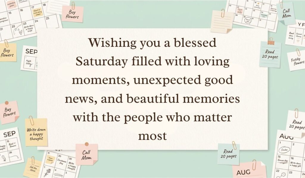 Neutral workspace setting surrounded by calendar pages, paperclips, and sticky note reminders featuring saturday blessings stating, "Wishing you a blessed Saturday filled with loving moments, unexpected good news, and beautiful memories with the people who matter most"