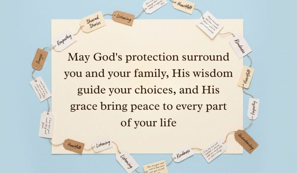 Soft blue background surrounded by a ring of string-bound message tags displaying saturday blessings reading, "May God's protection surround you and your family, His wisdom guide your choices, and His grace bring peace to every part of your life"