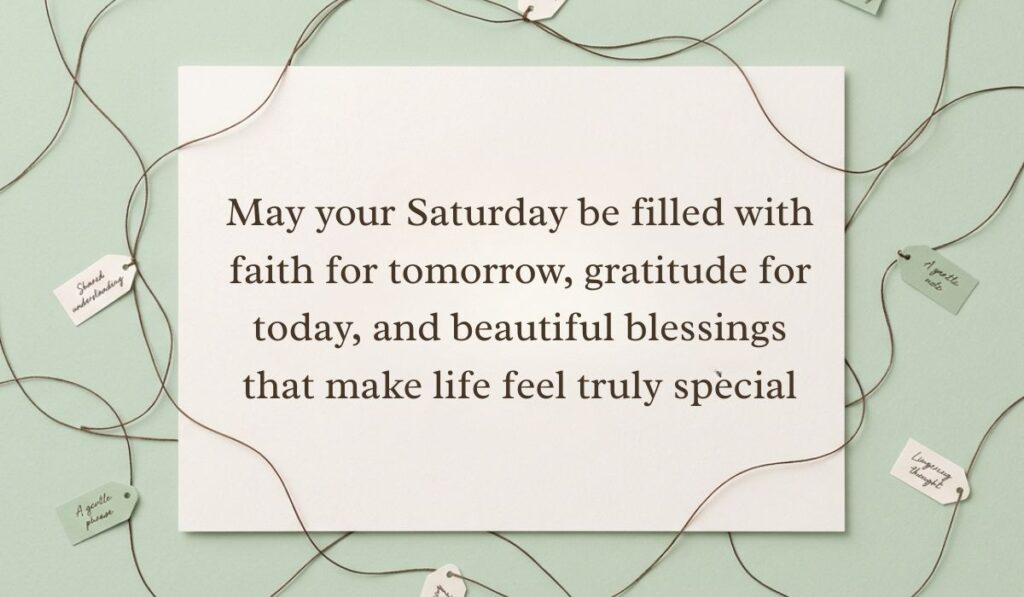 Light green surface framed by interconnected twine strings and small message tags featuring saturday blessings stating, "May your Saturday be filled with faith for tomorrow, gratitude for today, and beautiful blessings that make life feel truly special"