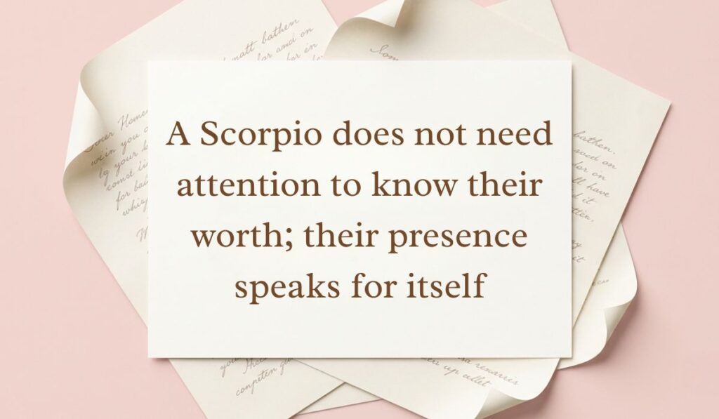 Soft pink backdrop framed with layered vintage paper presenting scorpio quotes reading, "A Scorpio does not need attention to know their worth; their presence speaks for itself"