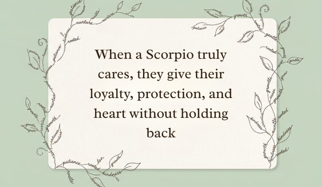 Sage green card framed by delicate botanical vine line art formed from handwritten script displaying scorpio quotes stating, "When a Scorpio truly cares, they give their loyalty, protection, and heart without holding back"