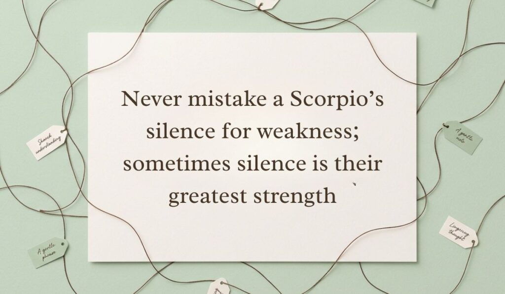 Light green surface framed by interconnected twine strings and small message tags featuring scorpio quotes stating, "Never mistake a Scorpio's silence for weakness; sometimes silence is their greatest strength"