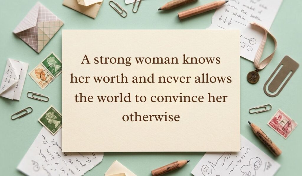 Sage green vintage desk layout with scattered paperclips, postage stamps, envelopes, and pencils featuring strong women quotes reading, "A strong woman knows her worth and never allows the world to convince her otherwise"