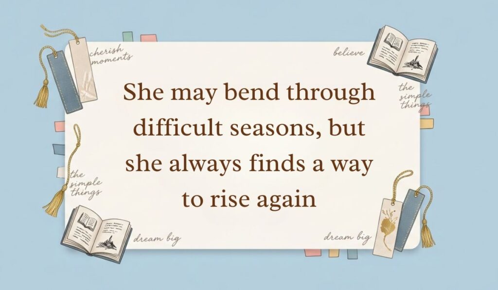 Light blue background accented with open books, tasseled bookmarks, and sticky notes displaying strong women quotes stating, "She may bend through difficult seasons, but she always finds a way to rise again"