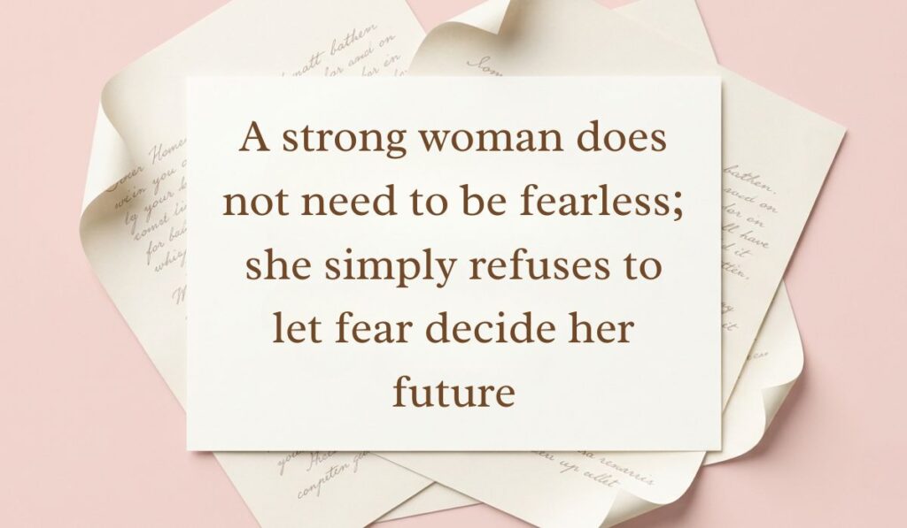 Soft pink backdrop framed with layered vintage paper presenting strong women quotes reading, "A strong woman does not need to be fearless; she simply refuses to let fear decide her future"