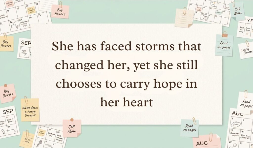 Neutral workspace setting surrounded by calendar pages, paperclips, and sticky note reminders featuring strong women quotes stating, "She has faced storms that changed her, yet she still chooses to carry hope in her heart"