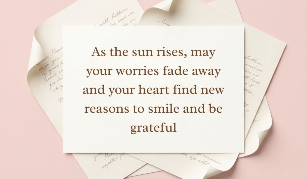 Soft pink backdrop framed with layered vintage handwritten paper showcasing sunday blessings reading, "As the sun rises, may your worries fade away and your heart find new reasons to smile and be grateful"