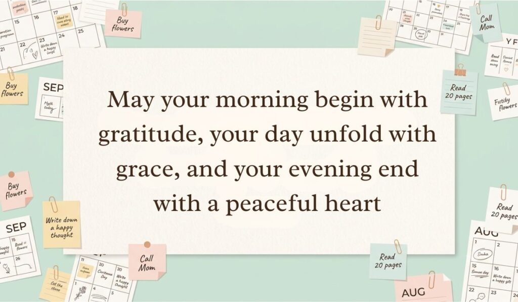 Neutral workspace setting surrounded by calendar pages, paperclips, and sticky note reminders featuring sunday blessings stating, "May your morning begin with gratitude, your day unfold with grace, and your evening end with a peaceful heart"