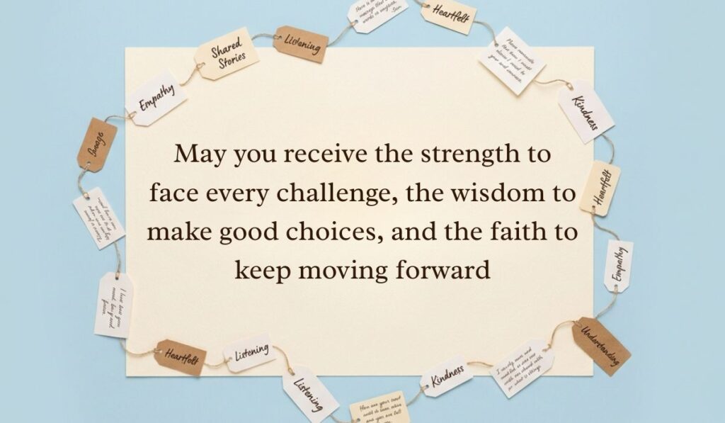 Soft blue background surrounded by a ring of string-bound message tags displaying sunday blessings reading, "May you receive the strength to face every challenge, the wisdom to make good choices, and the faith to keep moving forward"