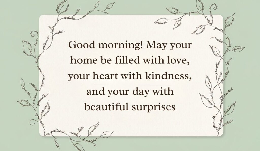 Sage green card framed by delicate botanical vine line art formed from handwritten script presenting sunday blessings stating, "Good morning! May your home be filled with love, your heart with kindness, and your day with beautiful surprises"