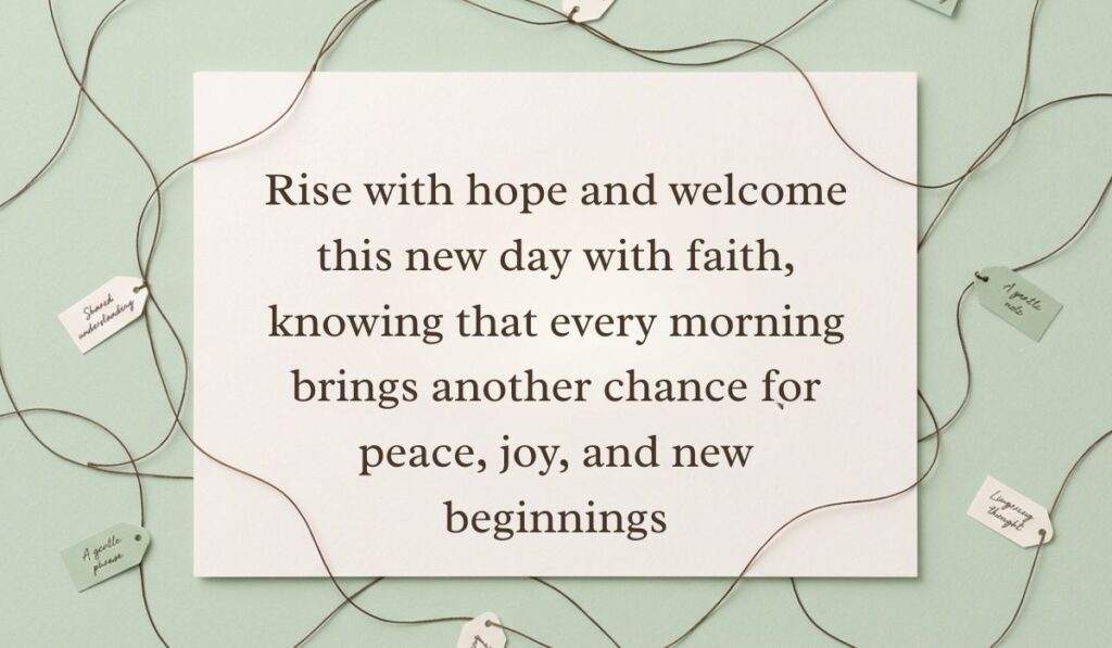 Light green surface framed by interconnected twine strings and small message tags featuring sunday blessings stating, "Rise with hope and welcome this new day with faith, knowing that every morning brings another chance for peace, joy, and new beginnings"