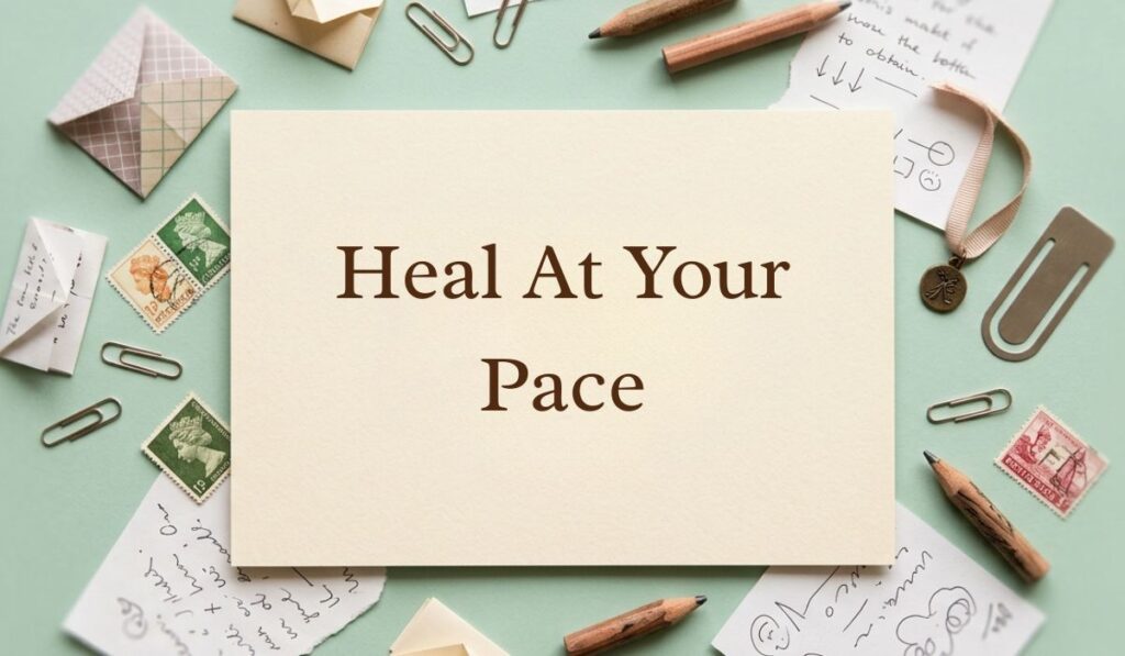 Sage green vintage desk layout with scattered paperclips, postage stamps, envelopes, and pencils featuring three word quotes reading, "Heal At Your Pace"