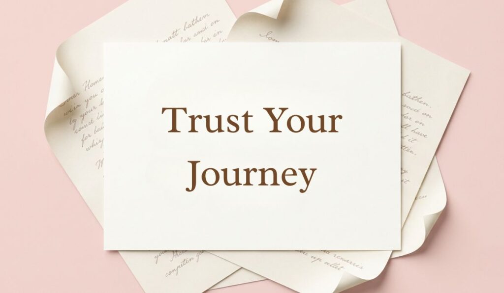 Soft pink backdrop framed with layered vintage paper presenting three word quotes reading, "Trust Your Journey"