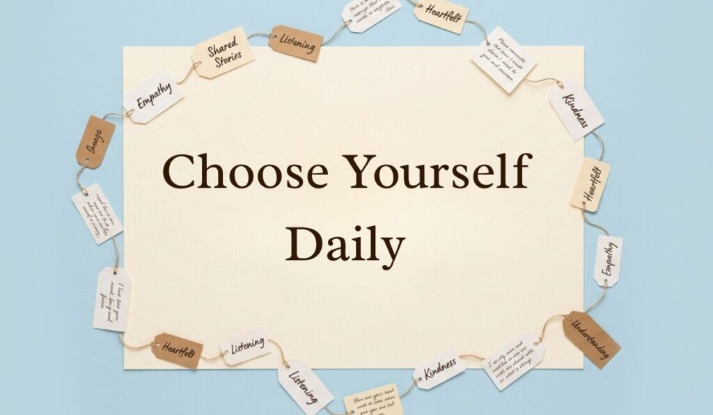 Soft blue background decorated with a ring of string-bound message tags showcasing three word quotes reading, "Choose Yourself Daily"