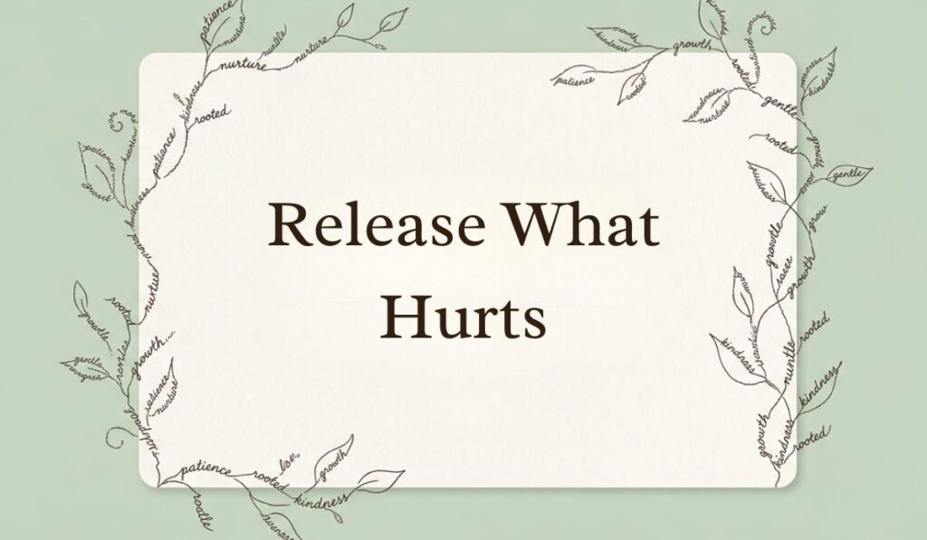 Sage green card framed by delicate botanical vine line art formed from handwritten script displaying three word quotes stating, "Release What Hurts"