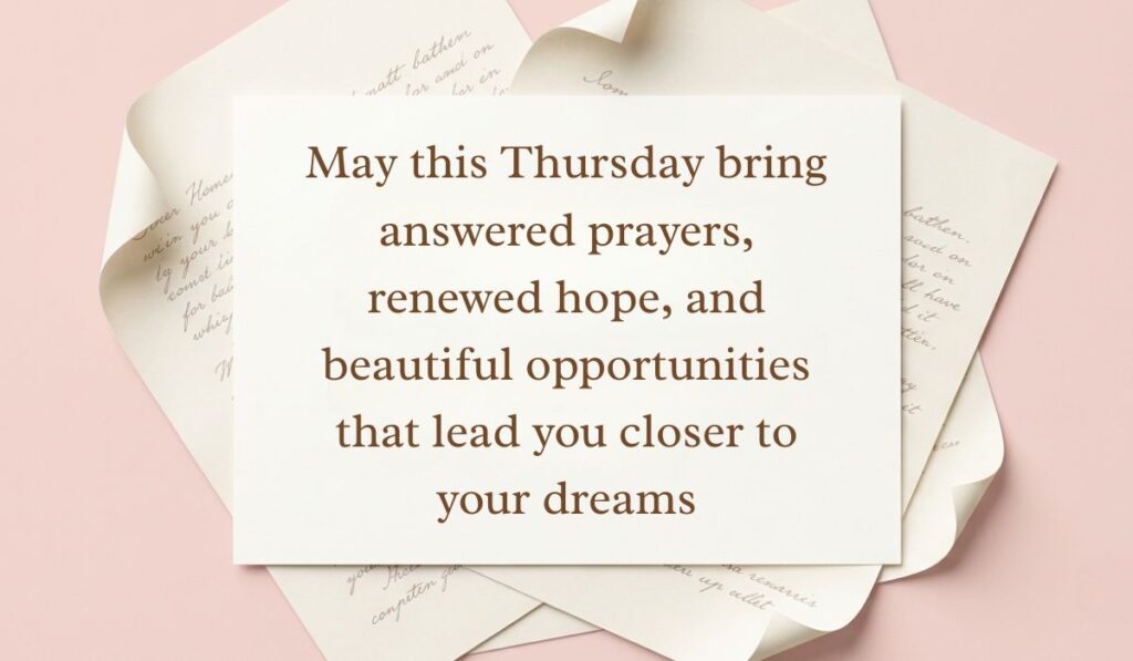 Soft pink backdrop framed with layered vintage handwritten paper showcasing thursday blessings reading, "May this Thursday bring answered prayers, renewed hope, and beautiful opportunities that lead you closer to your dreams"