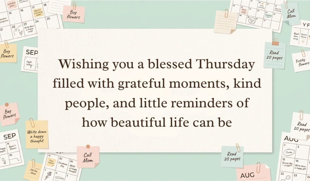 Neutral workspace setting surrounded by calendar pages, paperclips, and sticky note reminders featuring thursday blessings stating, "Wishing you a blessed Thursday filled with grateful moments, kind people, and little reminders of how beautiful life can be"
